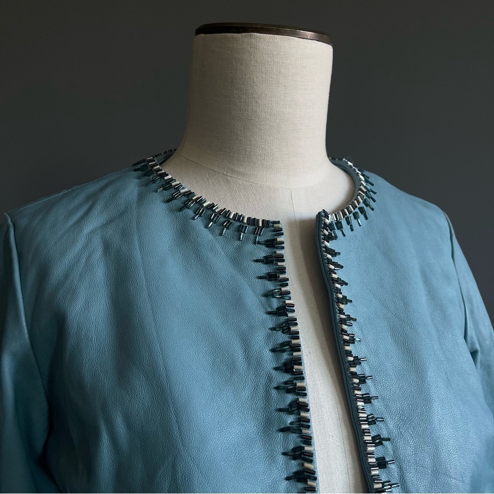 Jane Doe Collection Sky Blue Beaded Trim Cropped Leather Jacket Coastal Cowgirl - Picture 2 of 8
